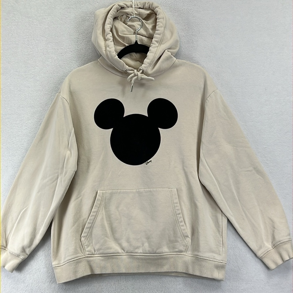 H&M Mickey Mouse Hoodie Sz S Cream with Black Polyester Cotton Blend Lined Hood